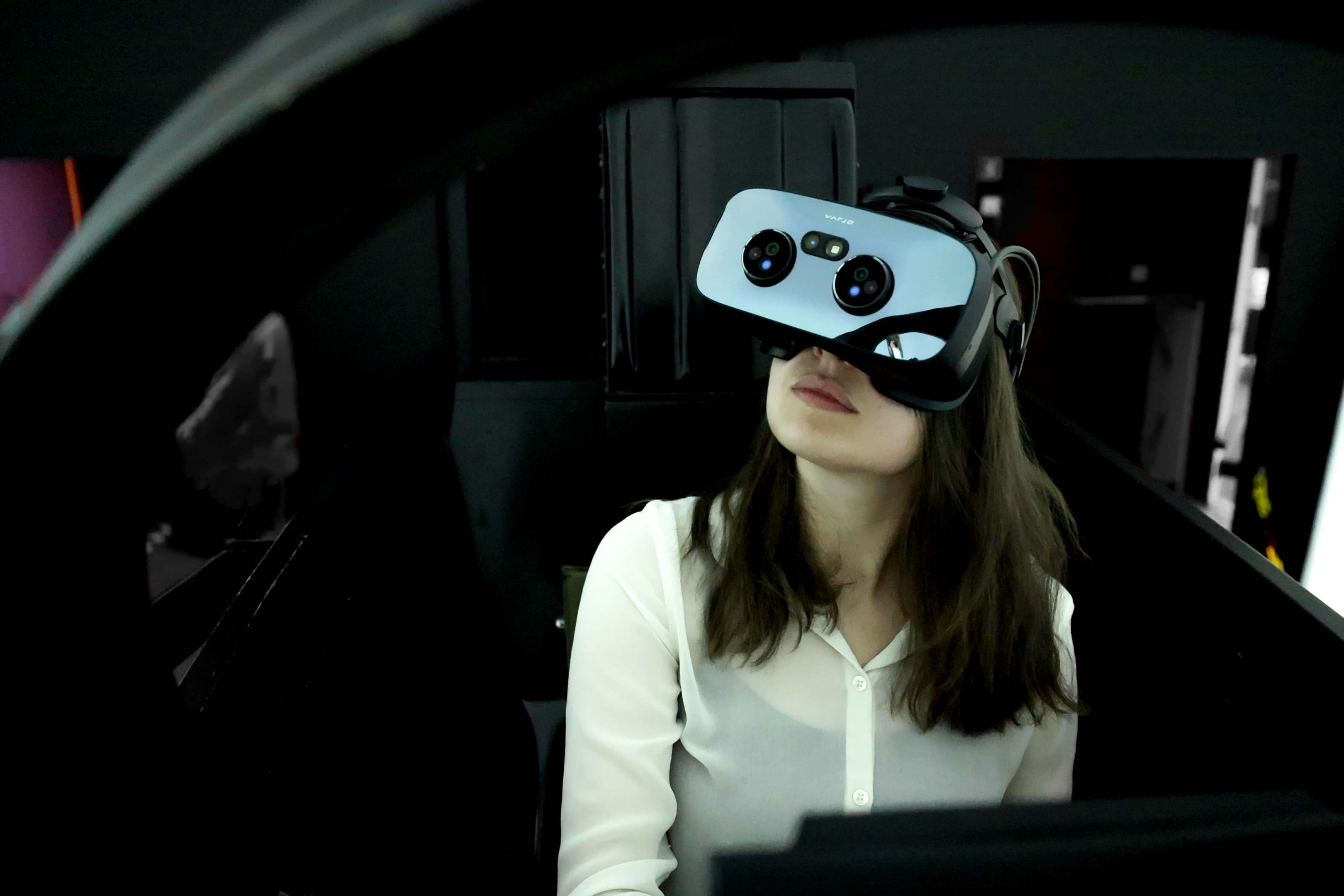 Woman Spy in 360 Virtual Reality Headset Playing Game with Drone